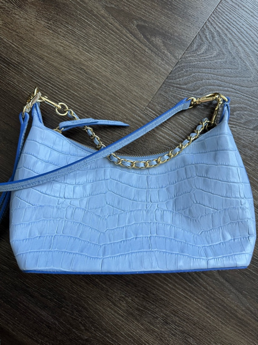 New! Talbots leather Blue Croc-Embossed Shoulder Bag with Gold Chain Accent.